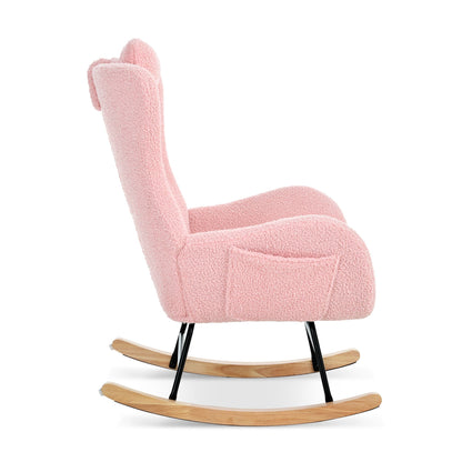Rocking Chair Nursery, Teddy Upholstered Rocker Glider Chair with High Backrest, Adjustable Headrest & Pocket, Comfy Gli image 8