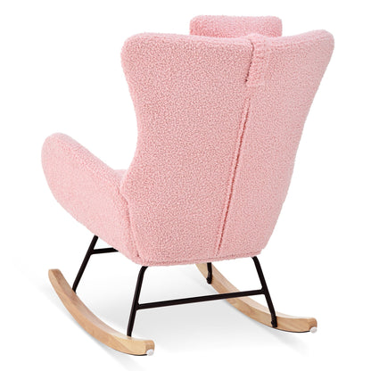 Rocking Chair Nursery, Teddy Upholstered Rocker Glider Chair with High Backrest, Adjustable Headrest & Pocket, Comfy Gli image 12