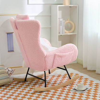 Rocking Chair Nursery, Teddy Upholstered Rocker Glider Chair with High Backrest, Adjustable Headrest & Pocket, Comfy Gli image 3