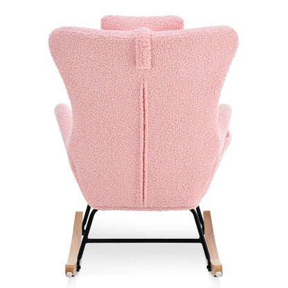 Rocking Chair Nursery, Teddy Upholstered Rocker Glider Chair with High Backrest, Adjustable Headrest & Pocket, Comfy Gli image 11