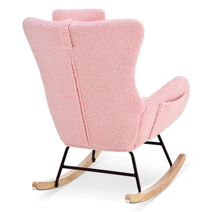 Rocking Chair Nursery, Teddy Upholstered Rocker Glider Chair with High Backrest, Adjustable Headrest & Pocket, Comfy Gli image 10
