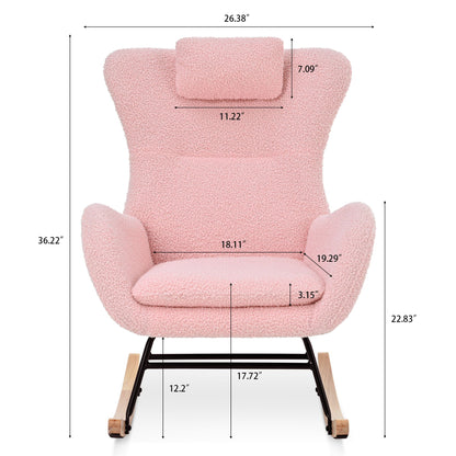 Rocking Chair Nursery, Teddy Upholstered Rocker Glider Chair with High Backrest, Adjustable Headrest & Pocket, Comfy Gli image 17