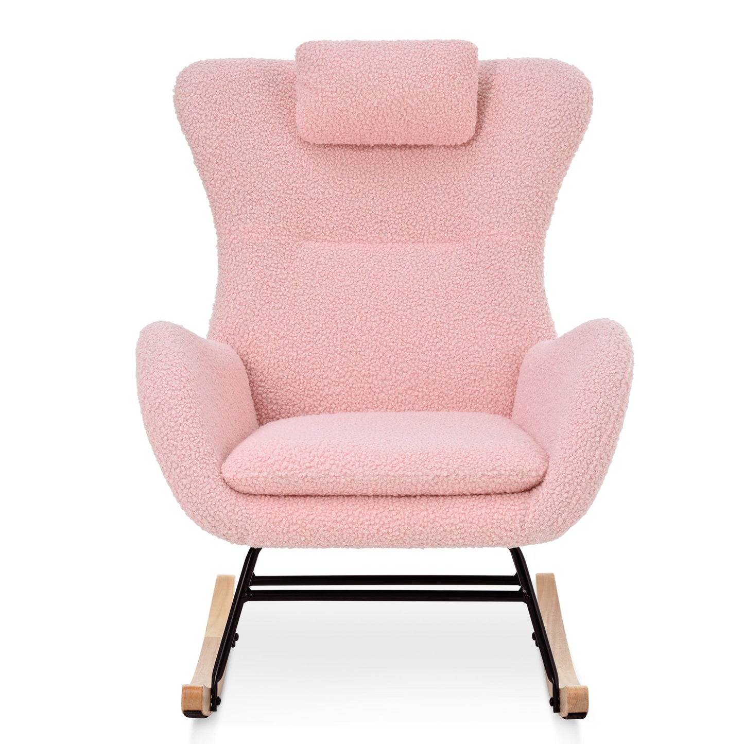 Rocking Chair Nursery, Teddy Upholstered Rocker Glider Chair with High Backrest, Adjustable Headrest & Pocket, Comfy Gli image 4