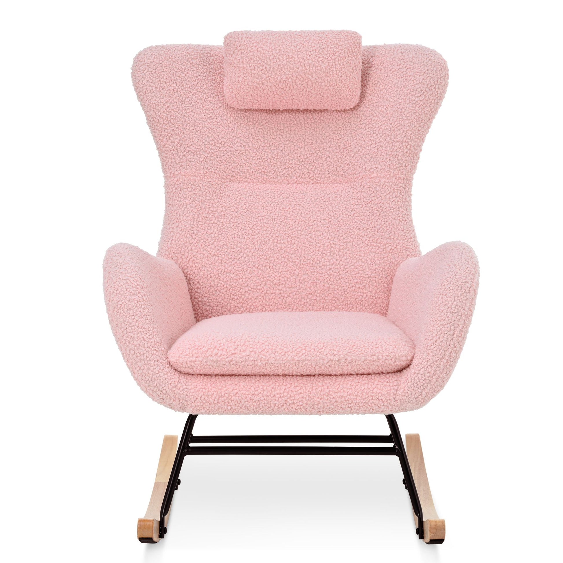 Rocking Chair Nursery, Teddy Upholstered Rocker Glider Chair with High Backrest, Adjustable Headrest & Pocket, Comfy Gli image 4