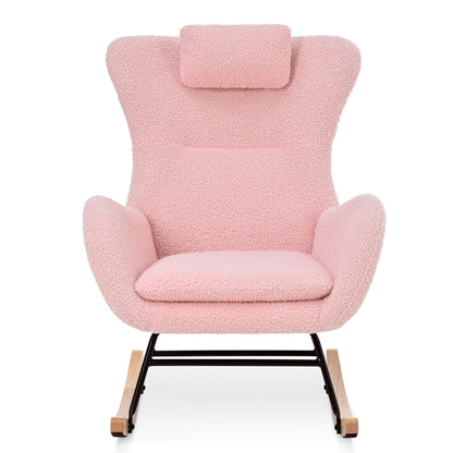 Rocking Chair Nursery, Teddy Upholstered Rocker Glider Chair with High Backrest, Adjustable Headrest & Pocket, Comfy Gli image 4