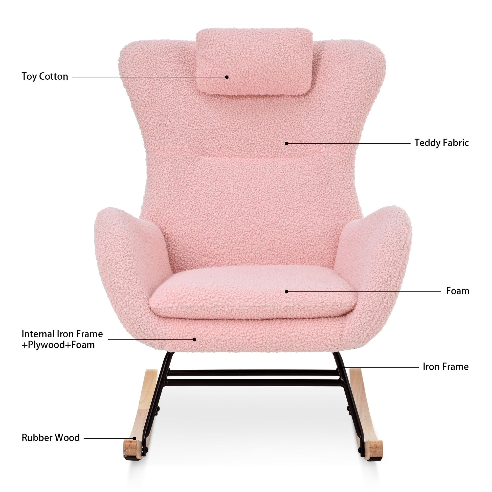 Rocking Chair Nursery, Teddy Upholstered Rocker Glider Chair with High Backrest, Adjustable Headrest & Pocket, Comfy Gli image 16
