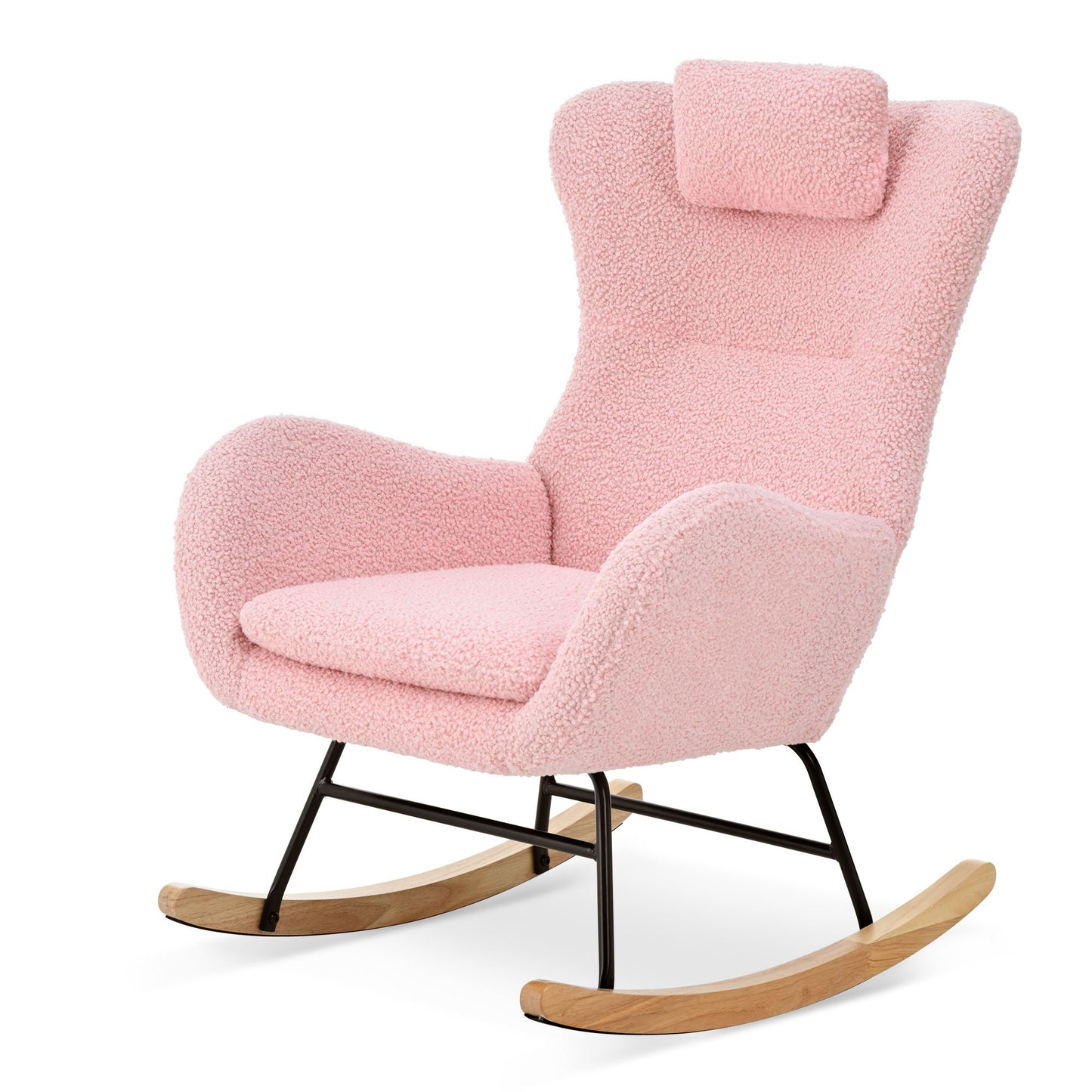 Rocking Chair Nursery, Teddy Upholstered Rocker Glider Chair with High Backrest, Adjustable Headrest & Pocket, Comfy Gli image 14