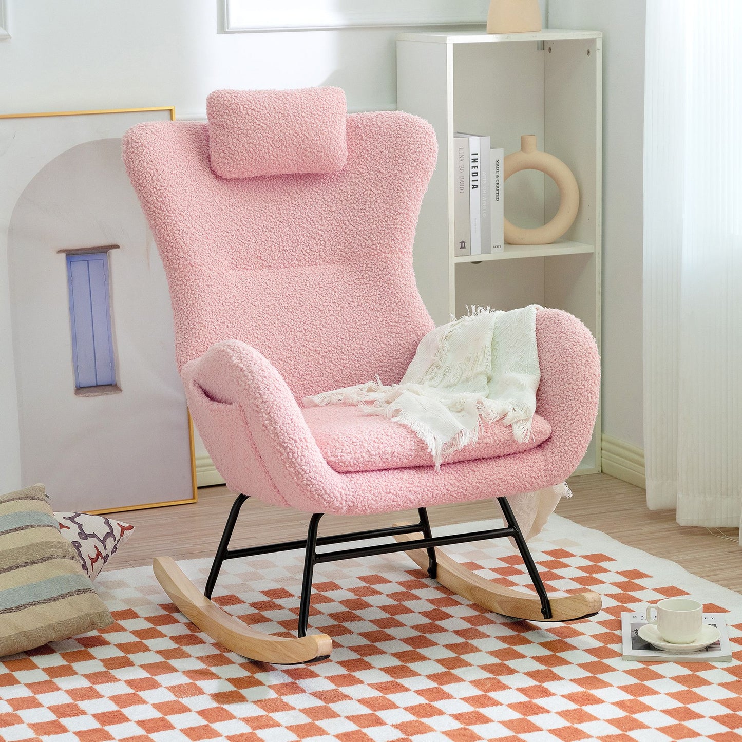 Rocking Chair Nursery, Teddy Upholstered Rocker Glider Chair with High Backrest, Adjustable Headrest & Pocket, Comfy Gli image 1