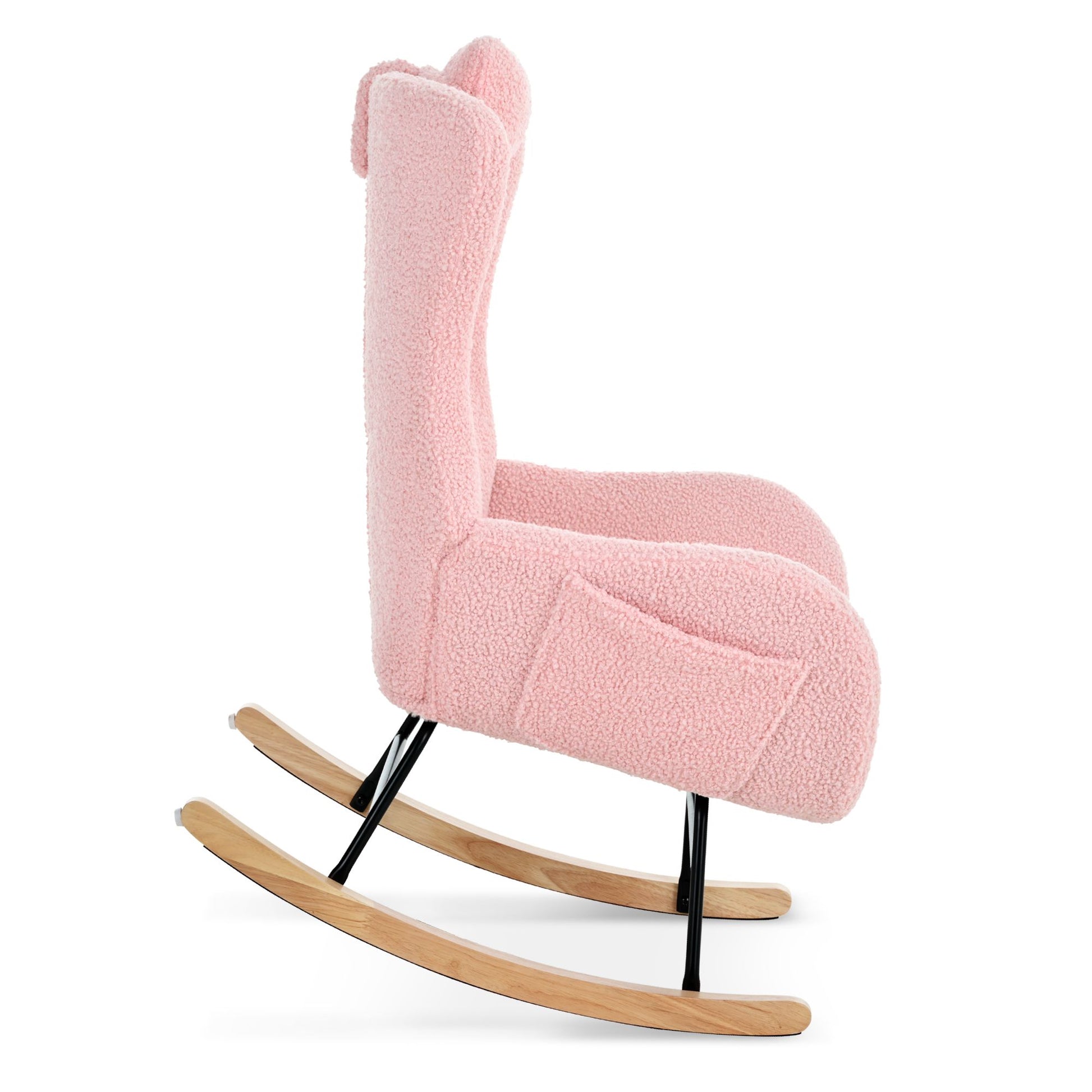 Rocking Chair Nursery, Teddy Upholstered Rocker Glider Chair with High Backrest, Adjustable Headrest & Pocket, Comfy Gli image 9