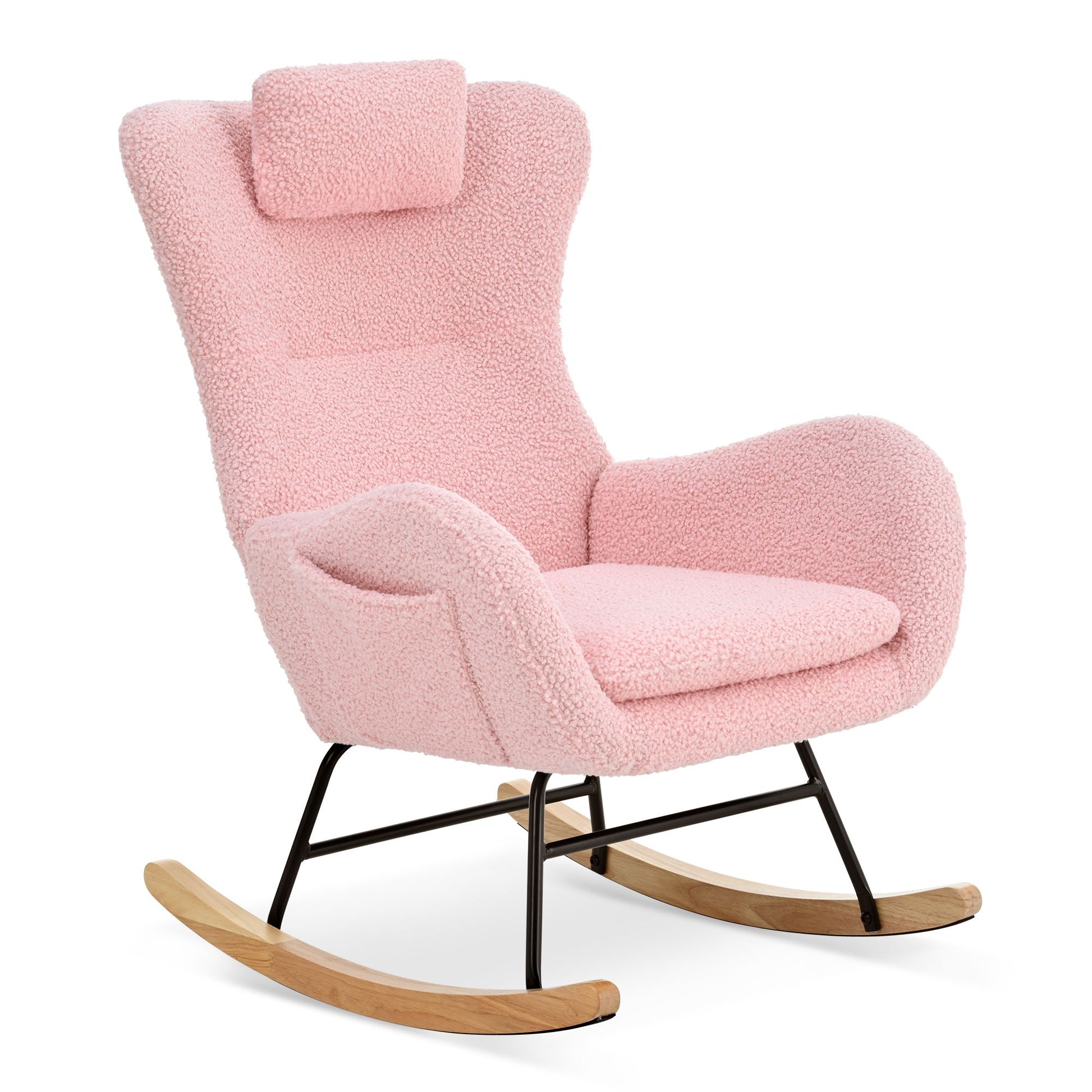 Rocking Chair Nursery, Teddy Upholstered Rocker Glider Chair with High Backrest, Adjustable Headrest & Pocket, Comfy Gli image 6