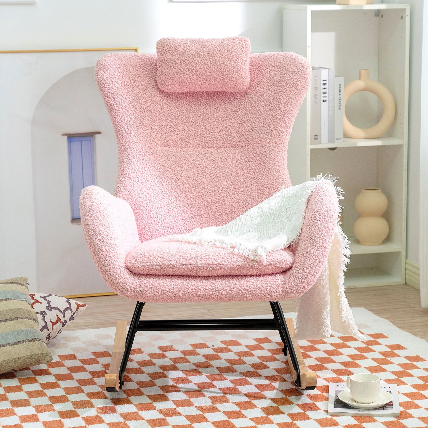 Rocking Chair Nursery, Teddy Upholstered Rocker Glider Chair with High Backrest, Adjustable Headrest & Pocket, Comfy Gli image 2