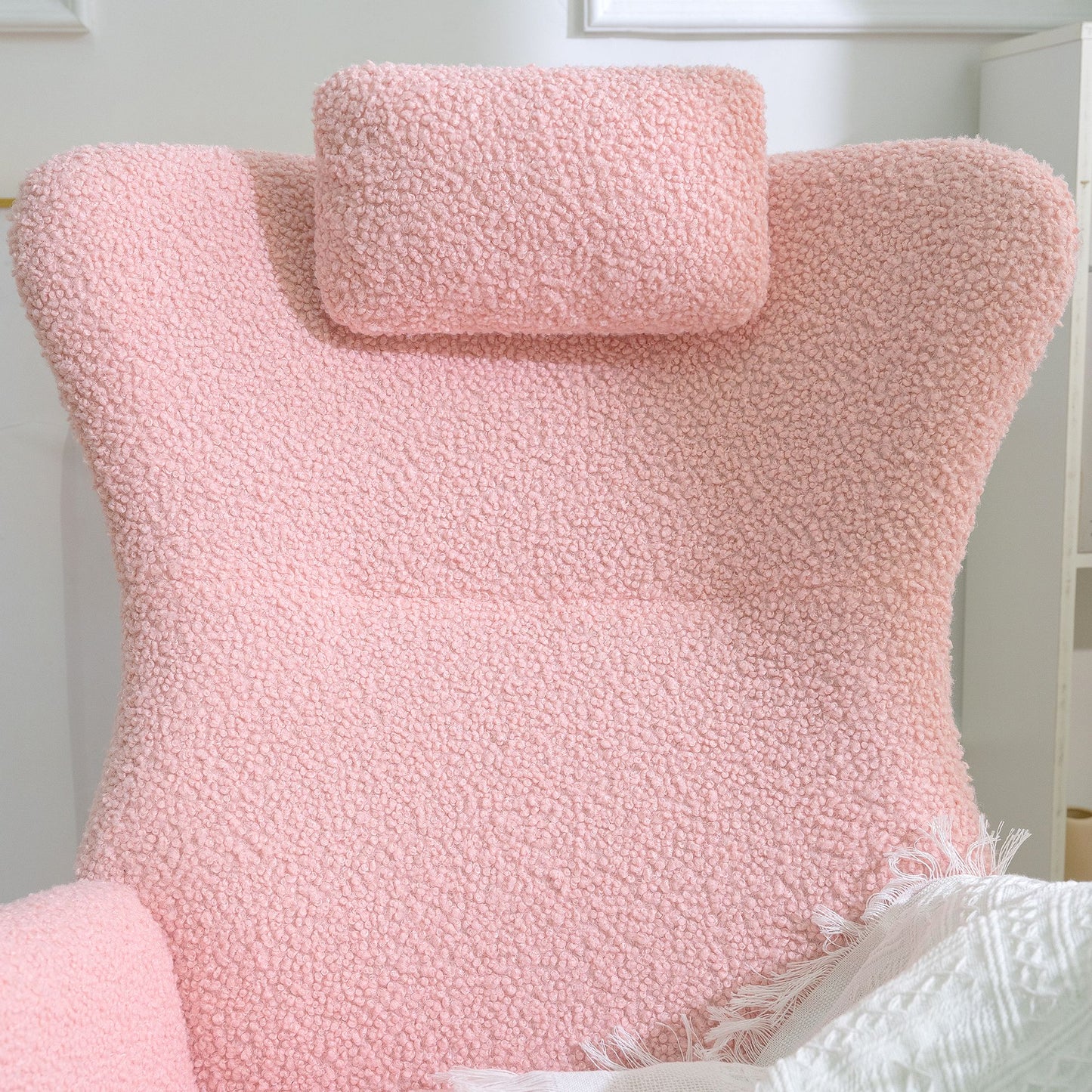 Rocking Chair Nursery, Teddy Upholstered Rocker Glider Chair with High Backrest, Adjustable Headrest & Pocket, Comfy Gli image 20