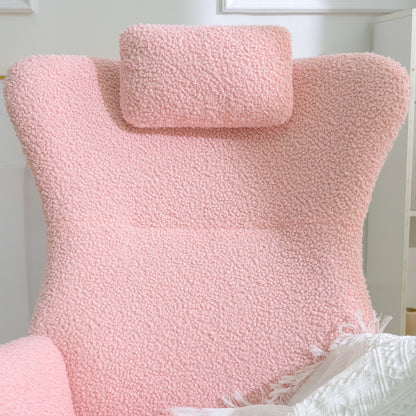 Rocking Chair Nursery, Teddy Upholstered Rocker Glider Chair with High Backrest, Adjustable Headrest & Pocket, Comfy Gli image 20