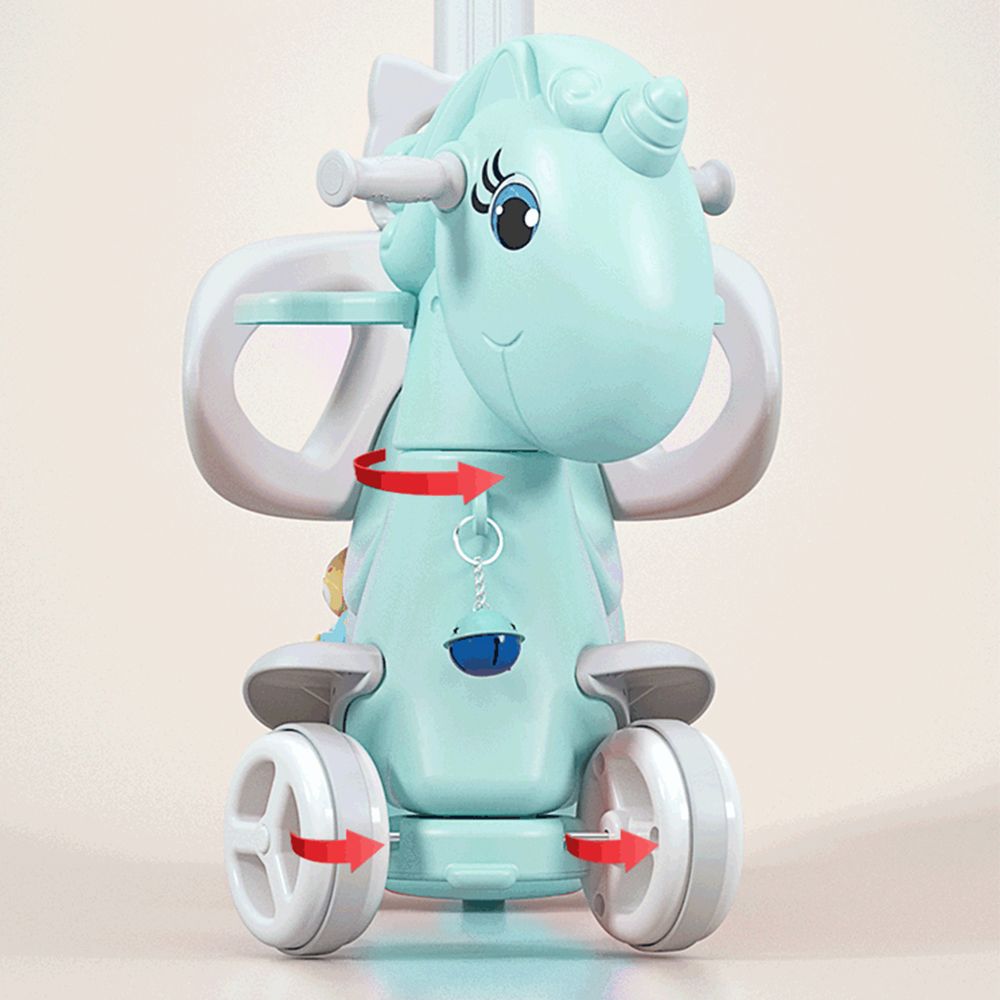 Toddler riding rocking horse unicorn blue - side view