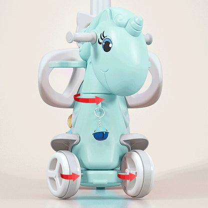 Toddler riding rocking horse unicorn blue - side view