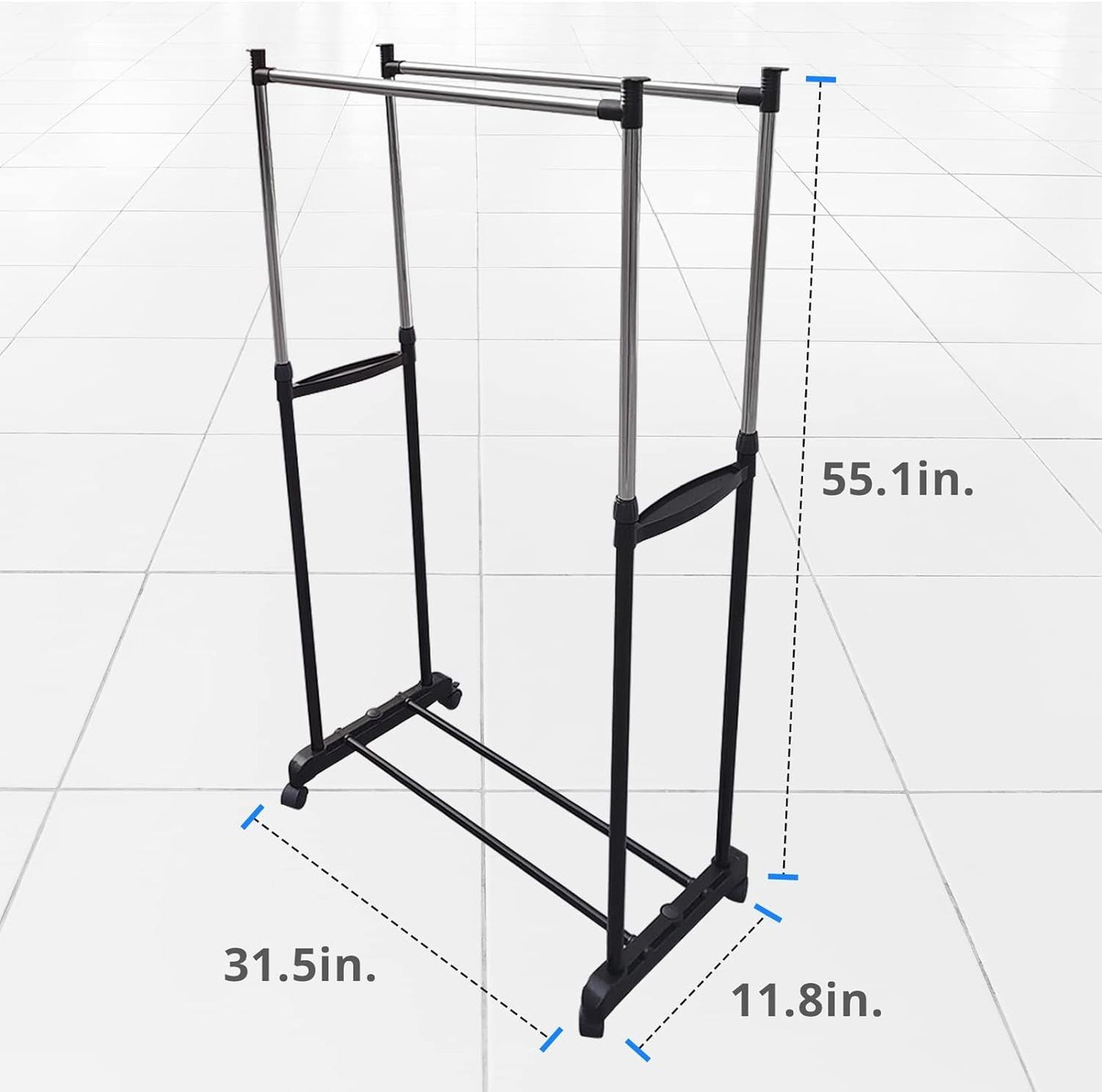 Rolling Clothes Rack on Wheels, Double Rod Portable Clothing Hanging Garment Rack Rolling Clothes Organizer on Lockable  image 2