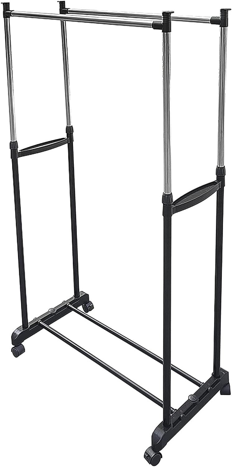 Rolling Clothes Rack on Wheels, Double Rod Portable Clothing Hanging Garment Rack Rolling Clothes Organizer on Lockable  image 1