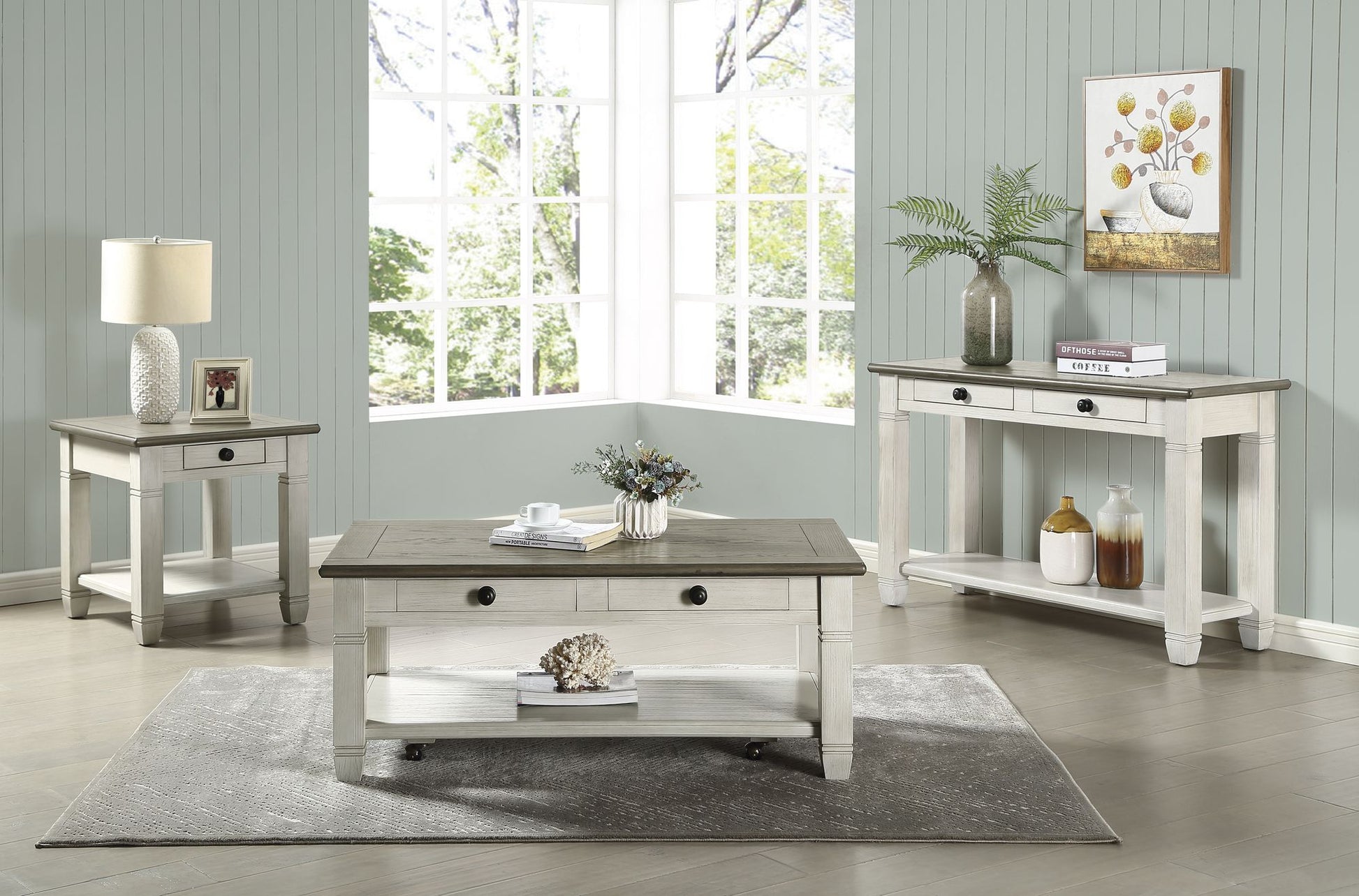 Rosy Brown and Antique White Finish 1pc Sofa Table with 2 Drawers Bottom Shelf Wooden Living Room Furniture image 5