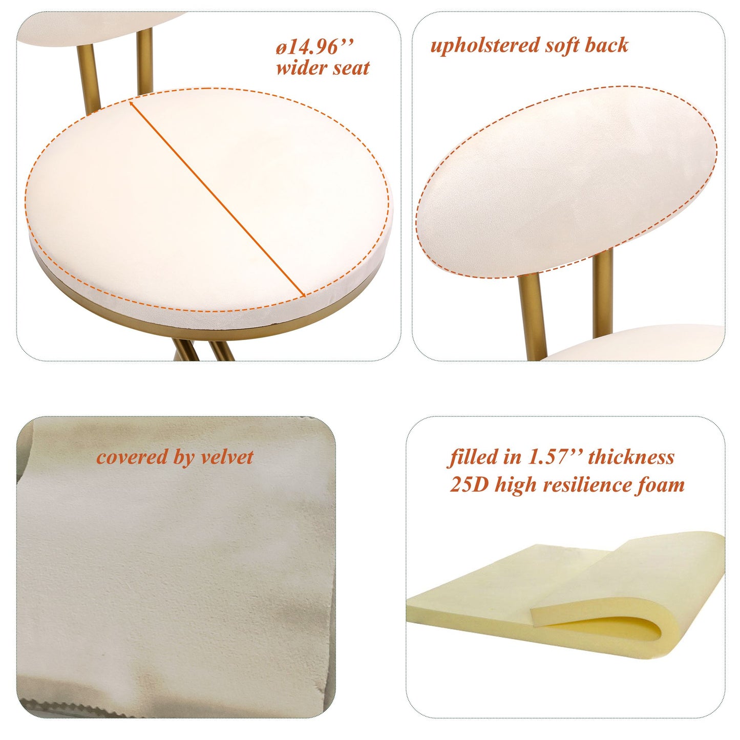 Round Bar Stool Armless Velvet Barstools with Back Set of 2 Upholstered Counter Chair for Dining Room, Kitchen Island (G image 8