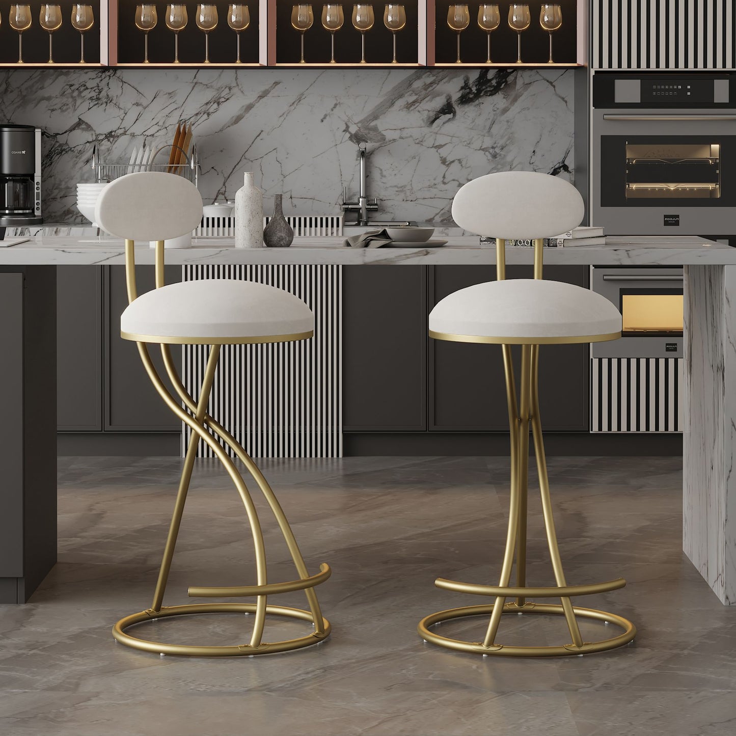 Round Bar Stool Armless Velvet Barstools with Back Set of 2 Upholstered Counter Chair for Dining Room, Kitchen Island (G image 1