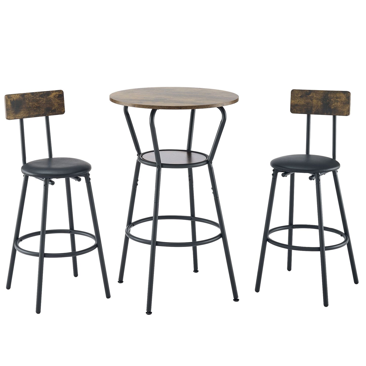 Round bar table and stool set with shelf, upholstered stool with backrest, Rustic Brown, 24.17"W x 24.17"D x 36.02"H image 3