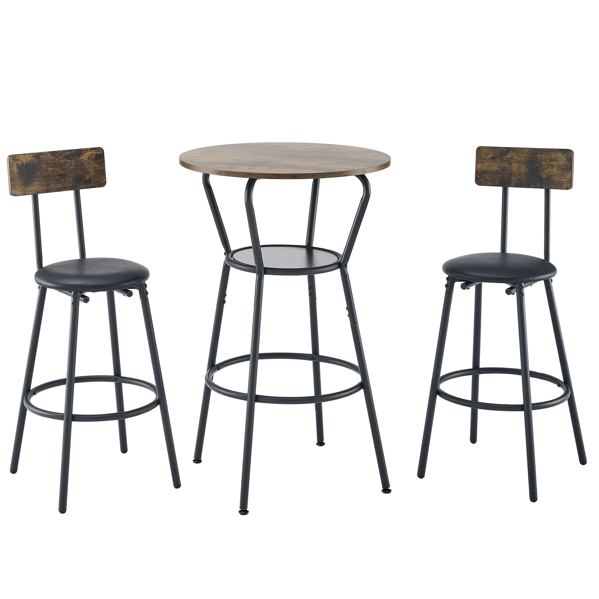 Round bar table and stool set with shelf, upholstered stool with backrest, Rustic Brown, 24.17"W x 24.17"D x 36.02"H image 3