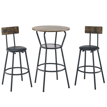 Round bar table and stool set with shelf, upholstered stool with backrest, Rustic Brown, 24.17"W x 24.17"D x 36.02"H image 3