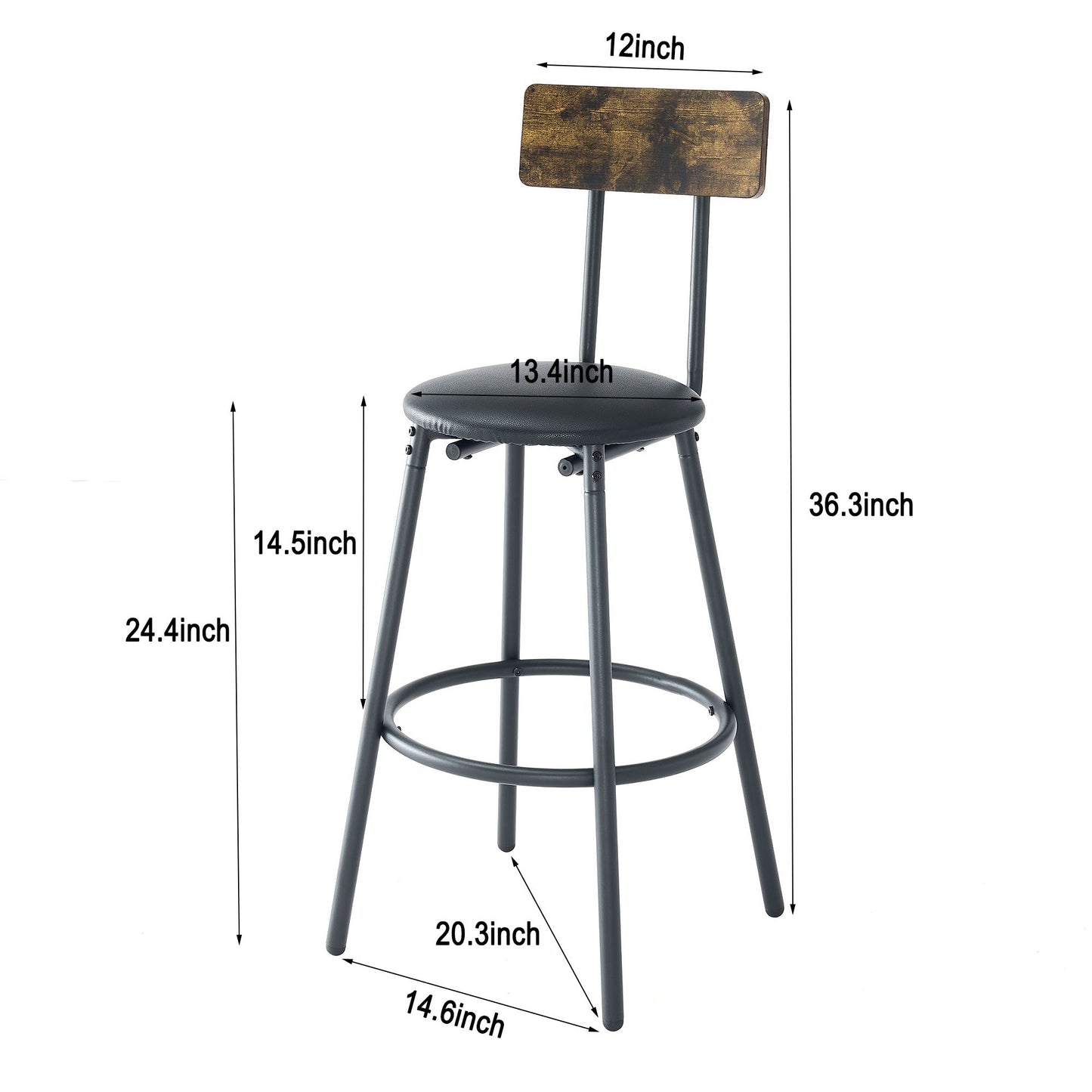 Round bar table and stool set with shelf, upholstered stool with backrest, Rustic Brown, 24.17"W x 24.17"D x 36.02"H image 11
