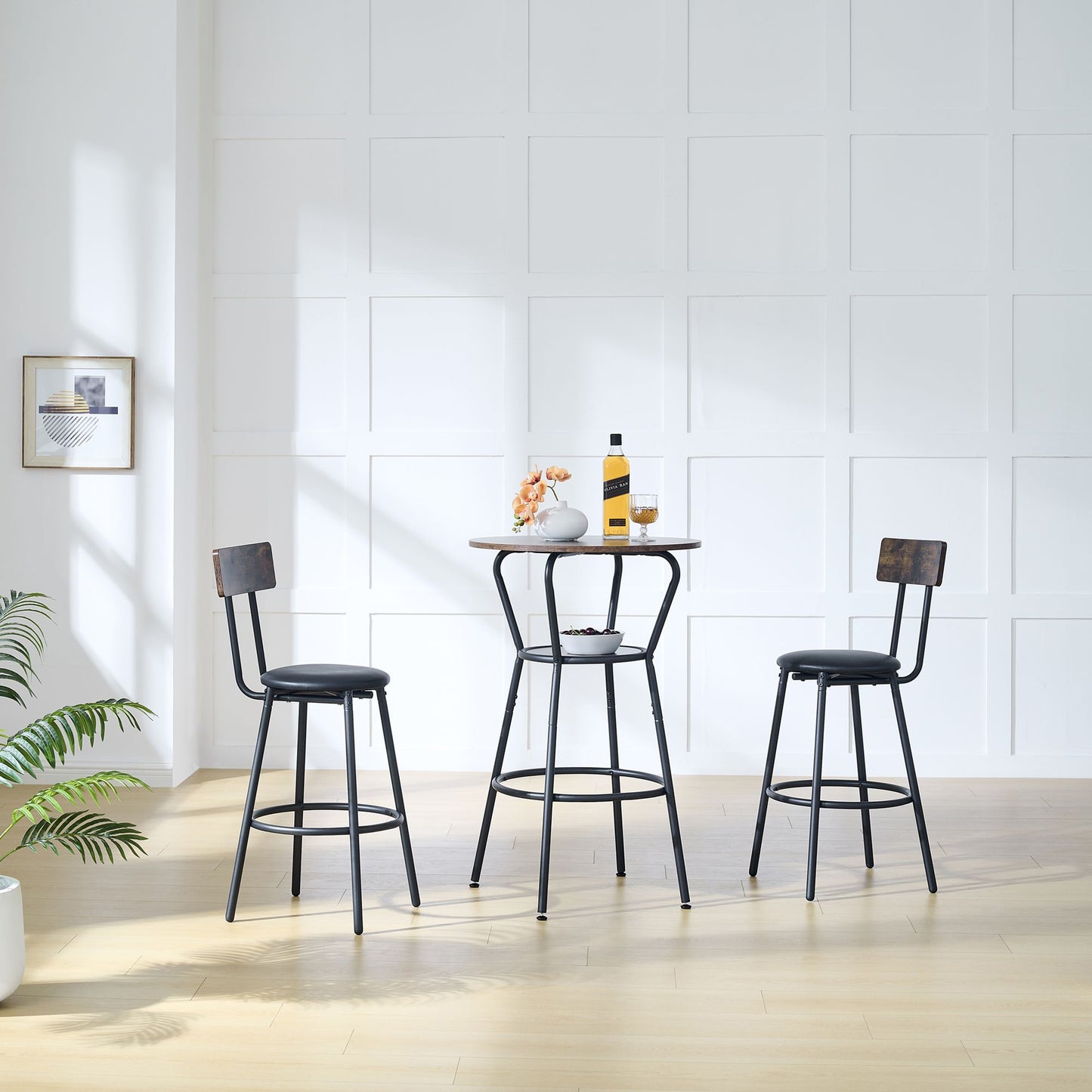 Round bar table and stool set with shelf, upholstered stool with backrest, Rustic Brown, 24.17"W x 24.17"D x 36.02"H image 2