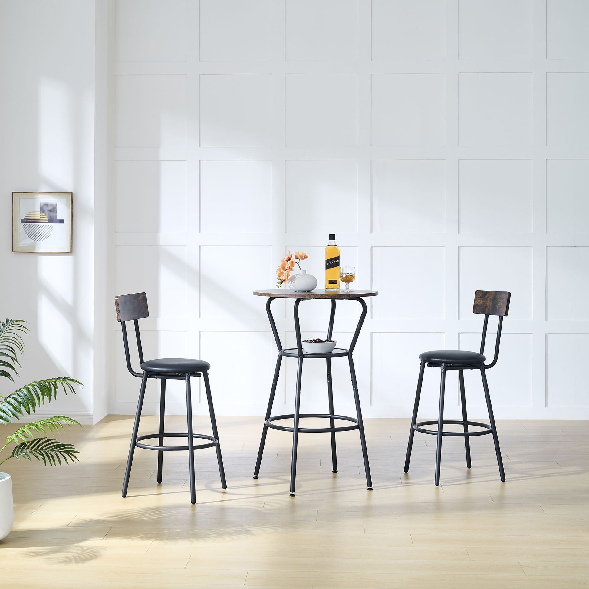 Round bar table and stool set with shelf, upholstered stool with backrest, Rustic Brown, 24.17"W x 24.17"D x 36.02"H image 2