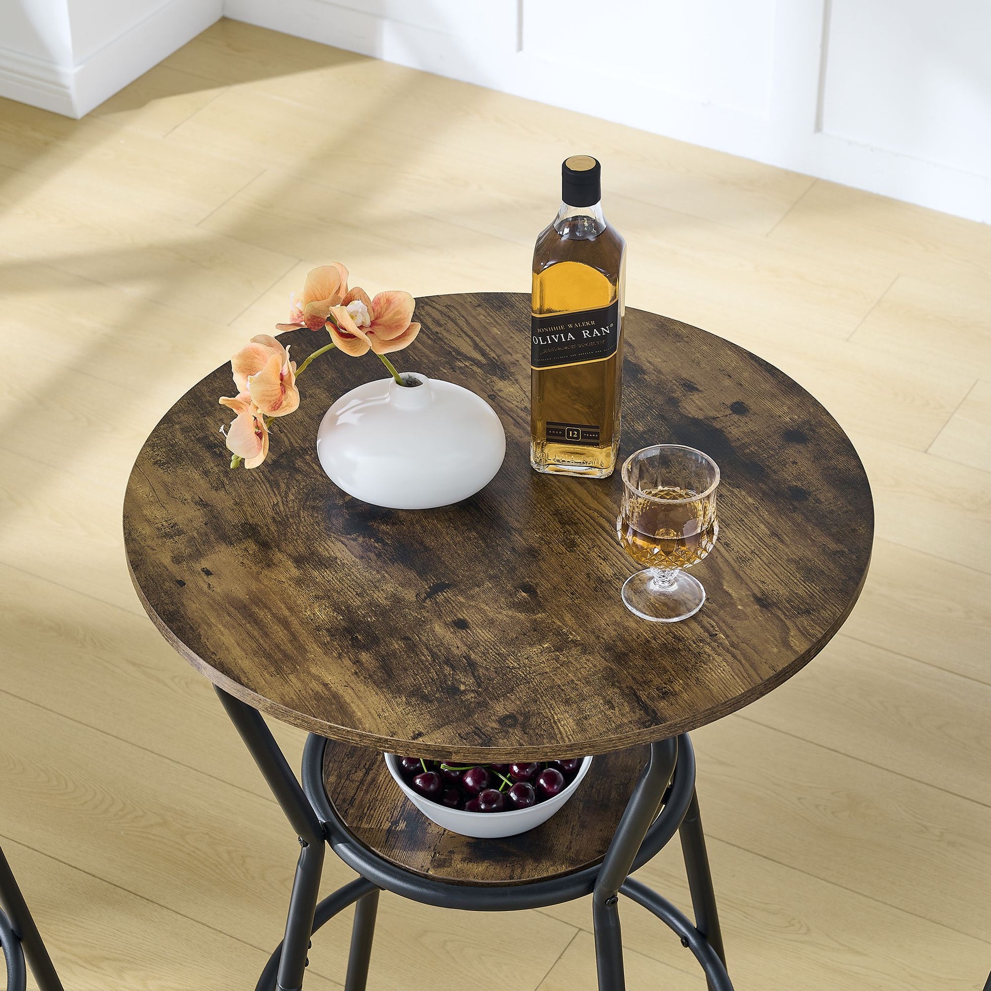 Round bar table and stool set with shelf, upholstered stool with backrest, Rustic Brown, 24.17"W x 24.17"D x 36.02"H image 5