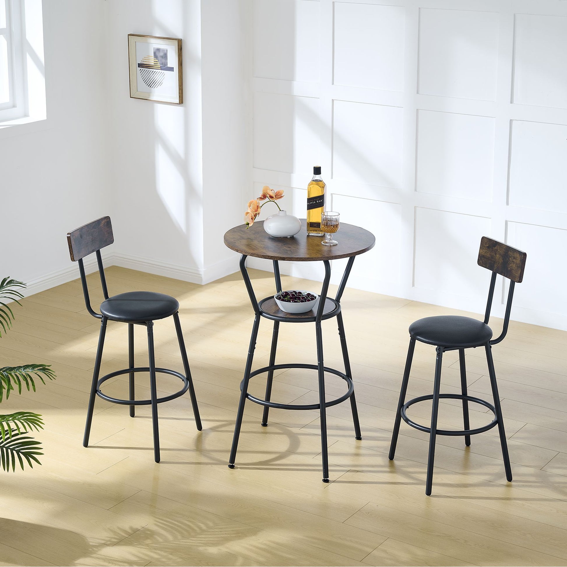 Round bar table and stool set with shelf, upholstered stool with backrest, Rustic Brown, 24.17"W x 24.17"D x 36.02"H image 1