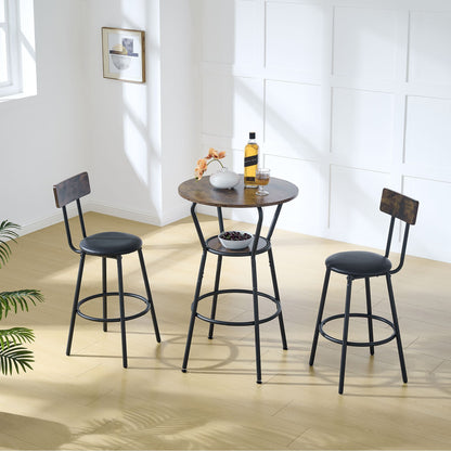 Round bar table and stool set with shelf, upholstered stool with backrest, Rustic Brown, 24.17"W x 24.17"D x 36.02"H image 1