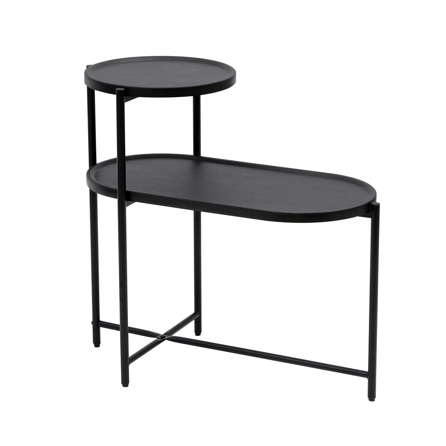 Round Coffee Table with Storage Tray 2 Tier Oval End Tables Wooden Small Side Table for Living Room (Black) image 13
