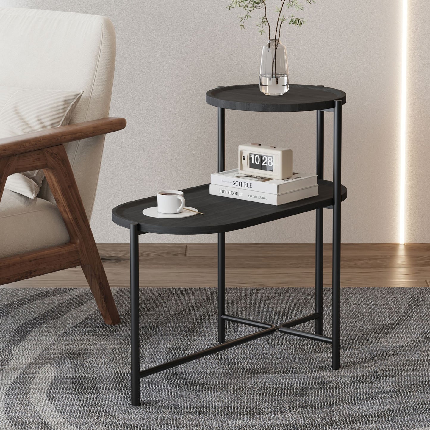 Round Coffee Table with Storage Tray 2 Tier Oval End Tables Wooden Small Side Table for Living Room (Black) image 1