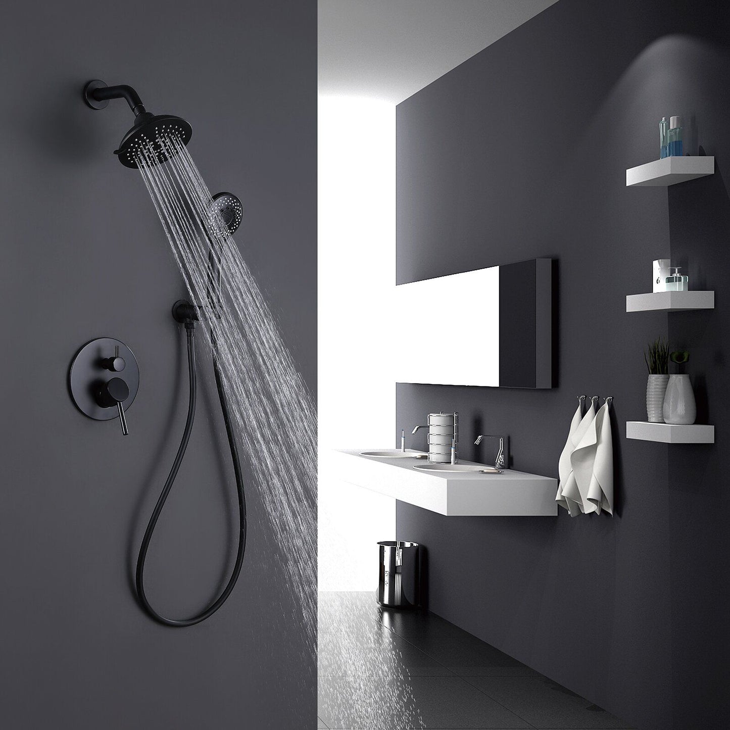 Round Shower System Wall Mounted Shower Faucet Rain Mixer Combo Set, Rain Shower Head Shower Set for Bathroom in Matte B image 1