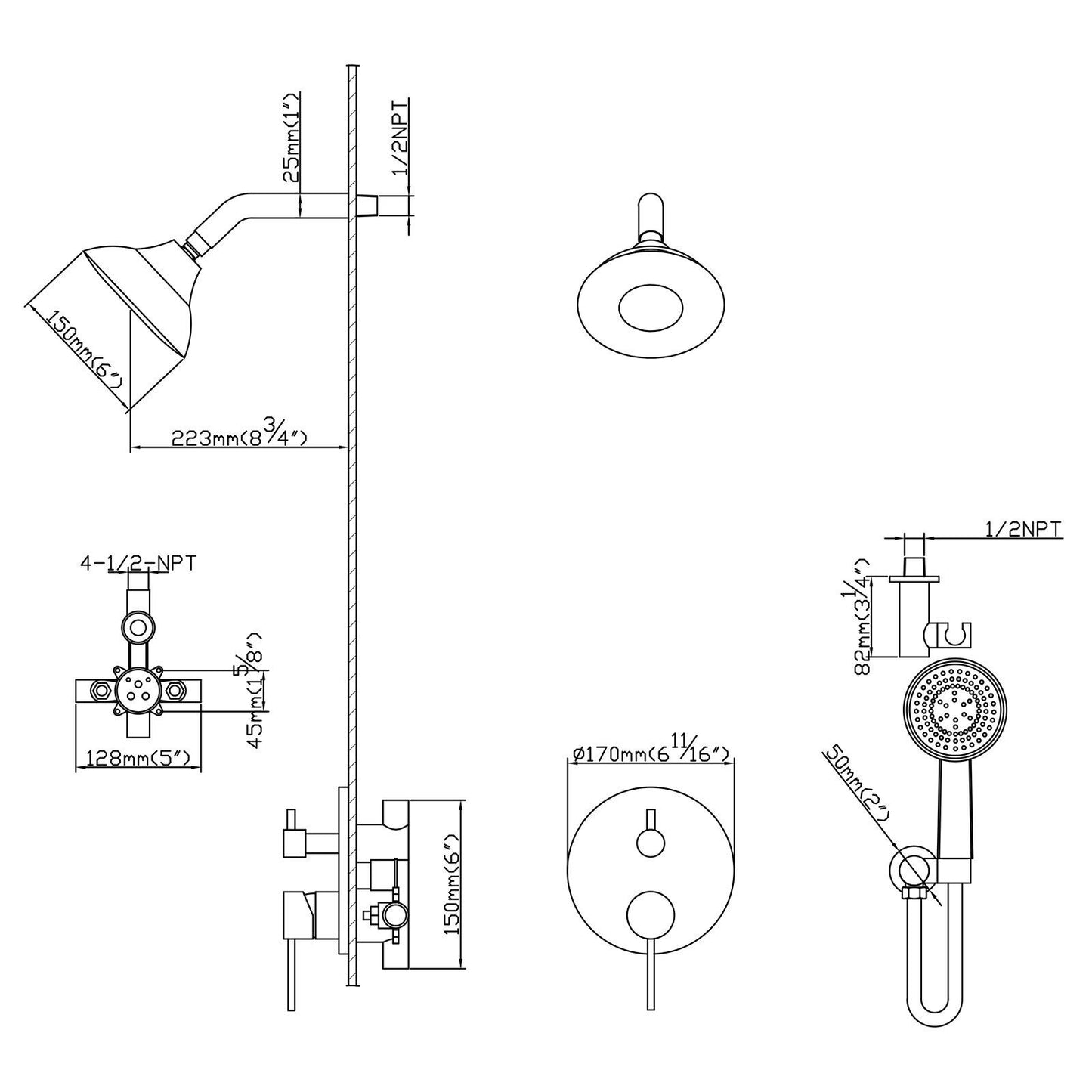 Round Shower System Wall Mounted Shower Faucet Rain Mixer Combo Set, Rain Shower Head Shower Set for Bathroom in Matte B image 7