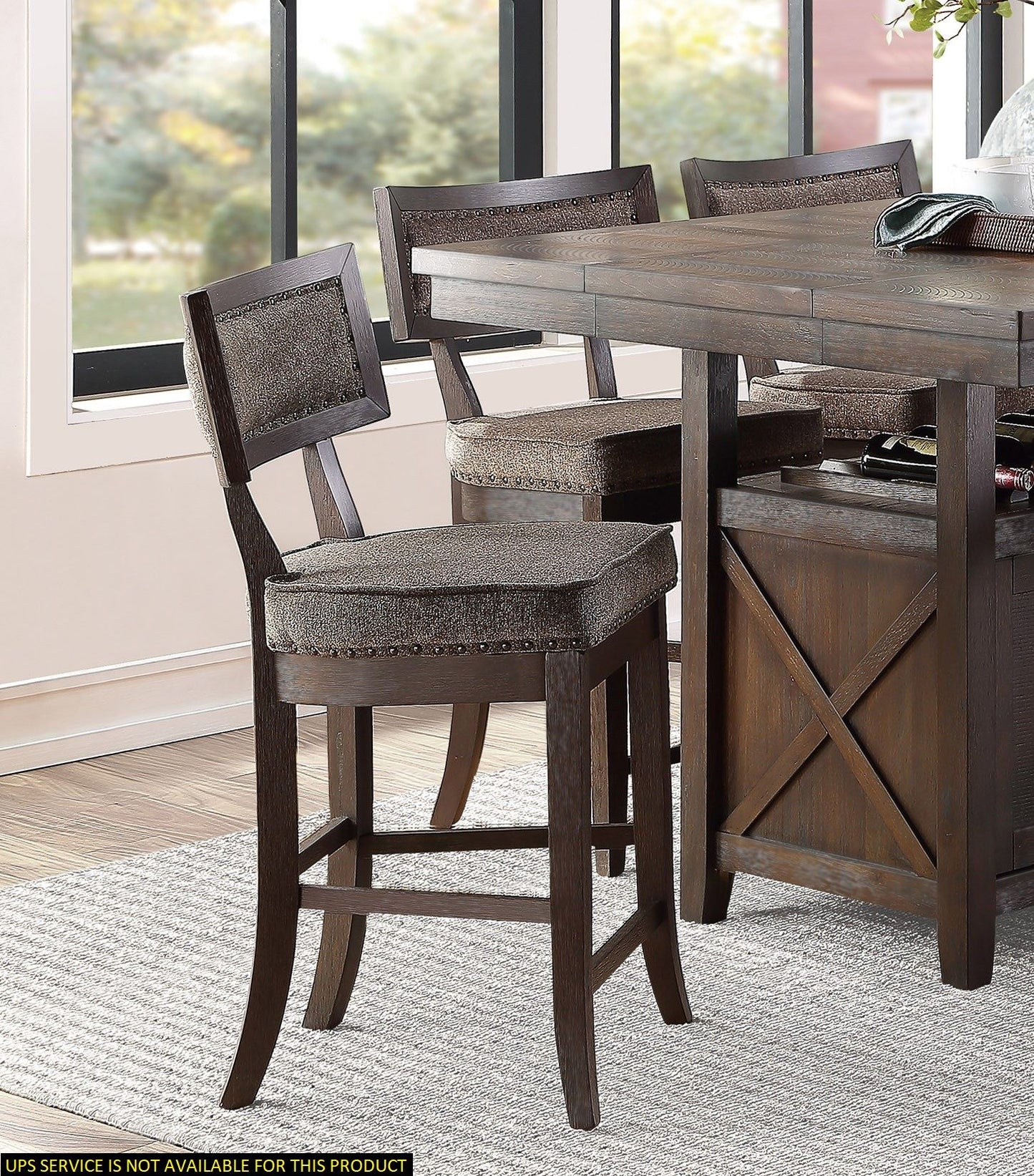 Rustic Aesthetic Dark Cherry Finish Counter Height Chair Set of 2 Wood Framed Nailhead Trim Fabric Upholstered Seat Kitc image 6