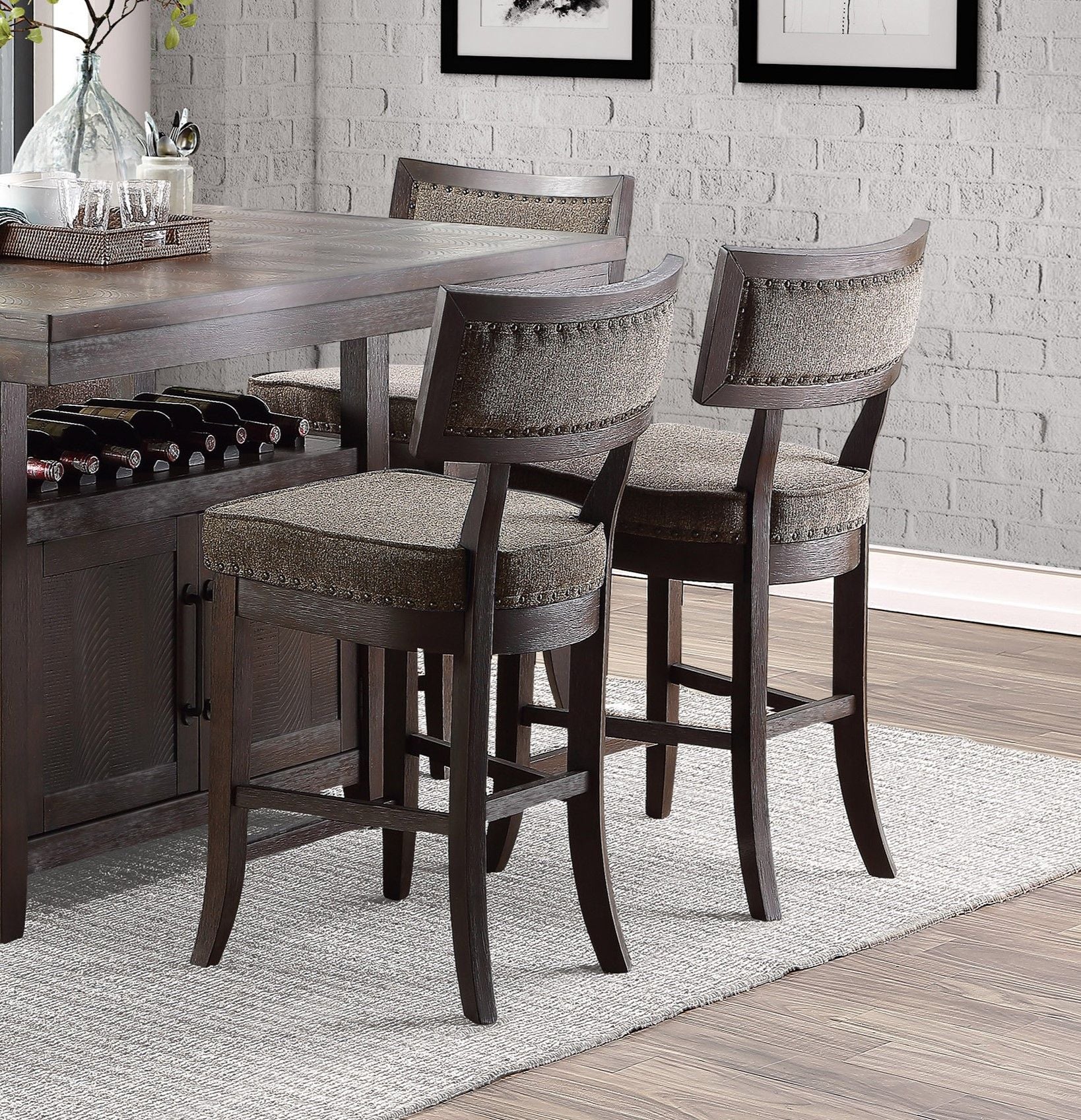 Rustic Aesthetic Dark Cherry Finish Counter Height Chair Set of 2 Wood Framed Nailhead Trim Fabric Upholstered Seat Kitc image 2