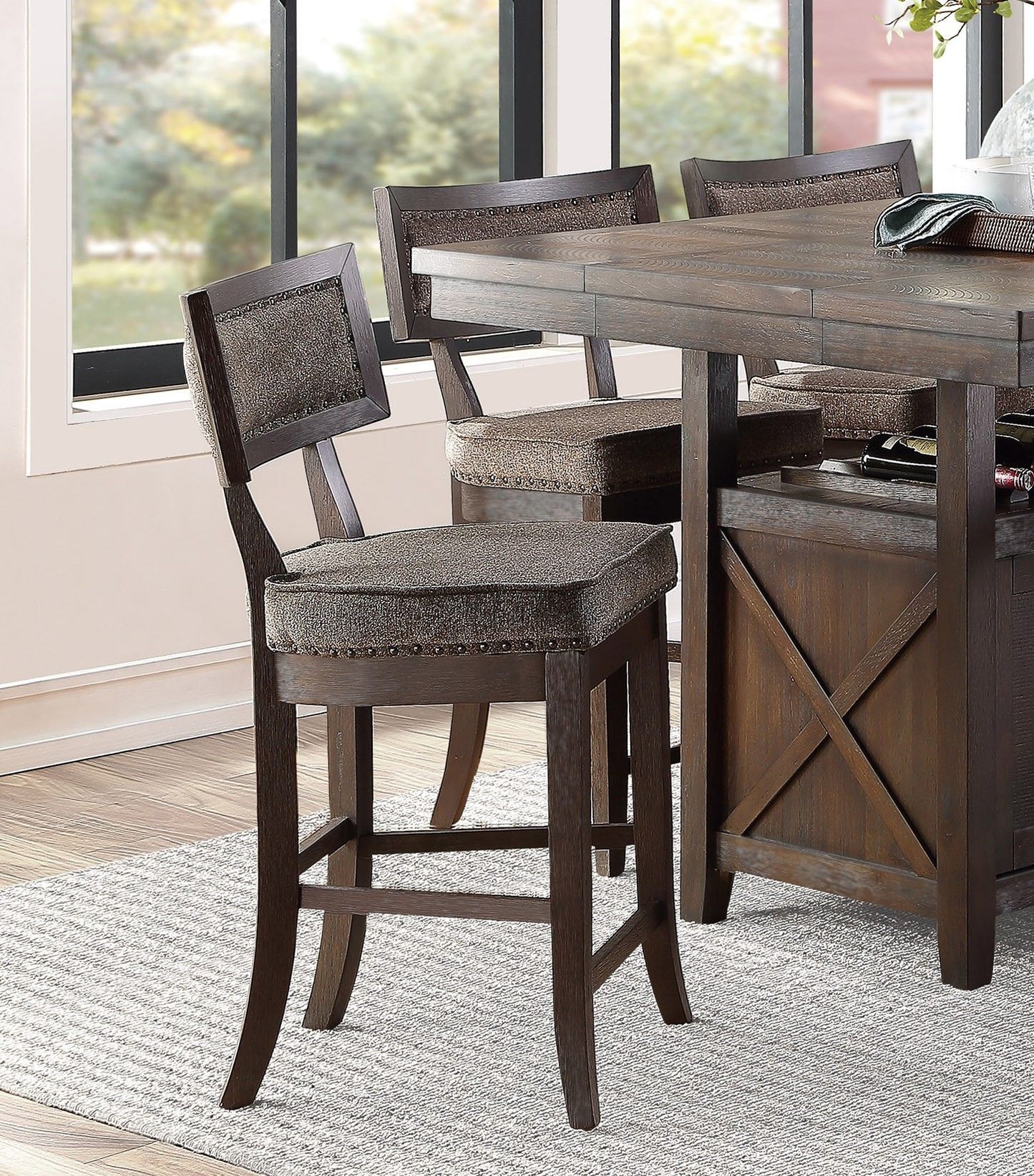 Rustic Aesthetic Dark Cherry Finish Counter Height Chair Set of 2 Wood Framed Nailhead Trim Fabric Upholstered Seat Kitc image 1