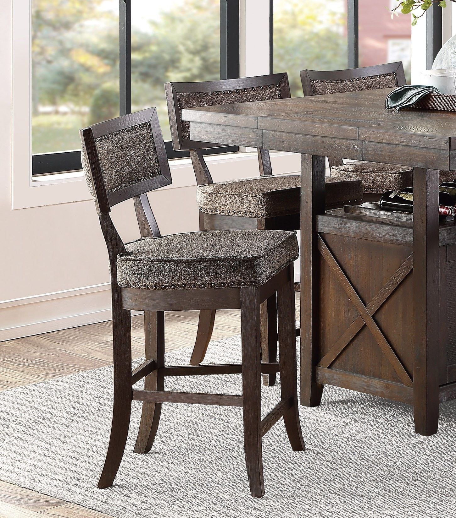 Rustic Aesthetic Dark Cherry Finish Counter Height Chair Set of 2 Wood Framed Nailhead Trim Fabric Upholstered Seat Kitc image 1