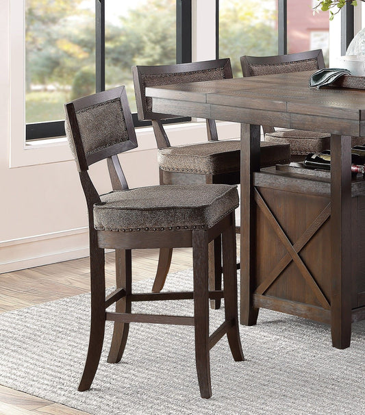 Rustic Aesthetic Dark Cherry Finish Counter Height Chair Set of 2 Wood Framed Nailhead Trim Fabric Upholstered Seat Kitc image 1