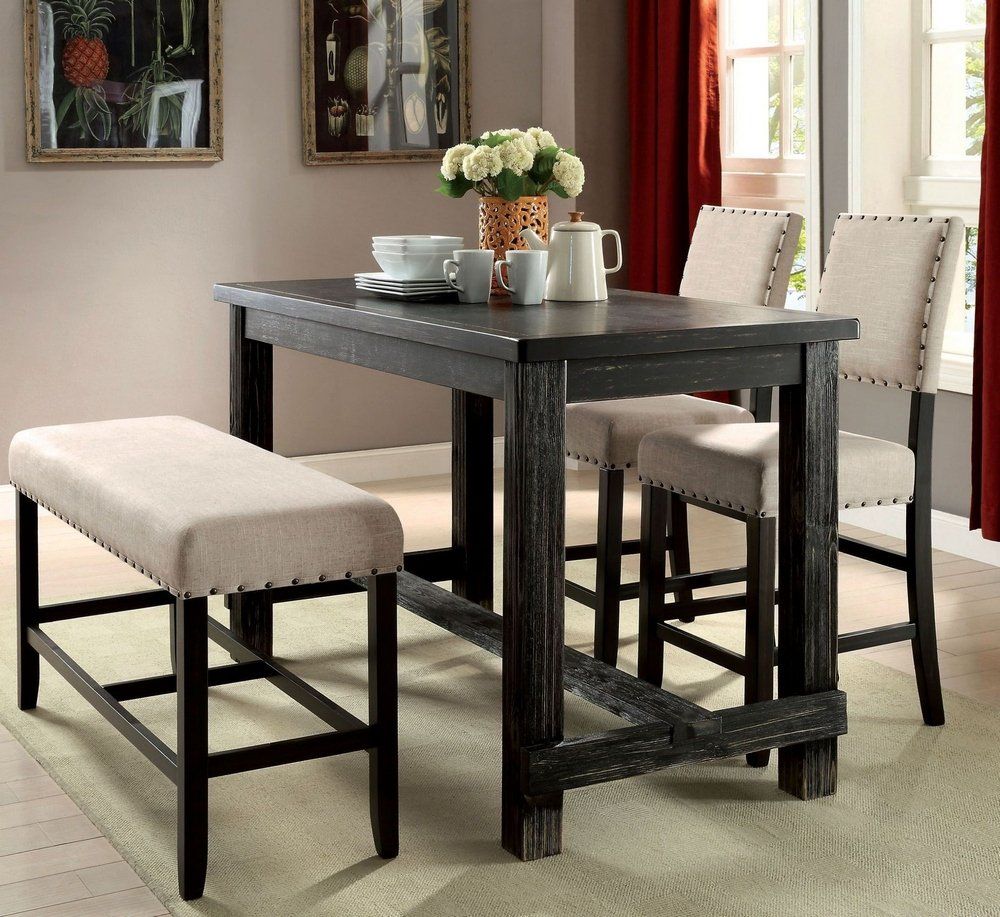 Rustic Charm Beige Linen Like Fabric 1pc Counter Height Bench Dining Room Furniture Nailhead Trim Antique Black Bold Dis image 6