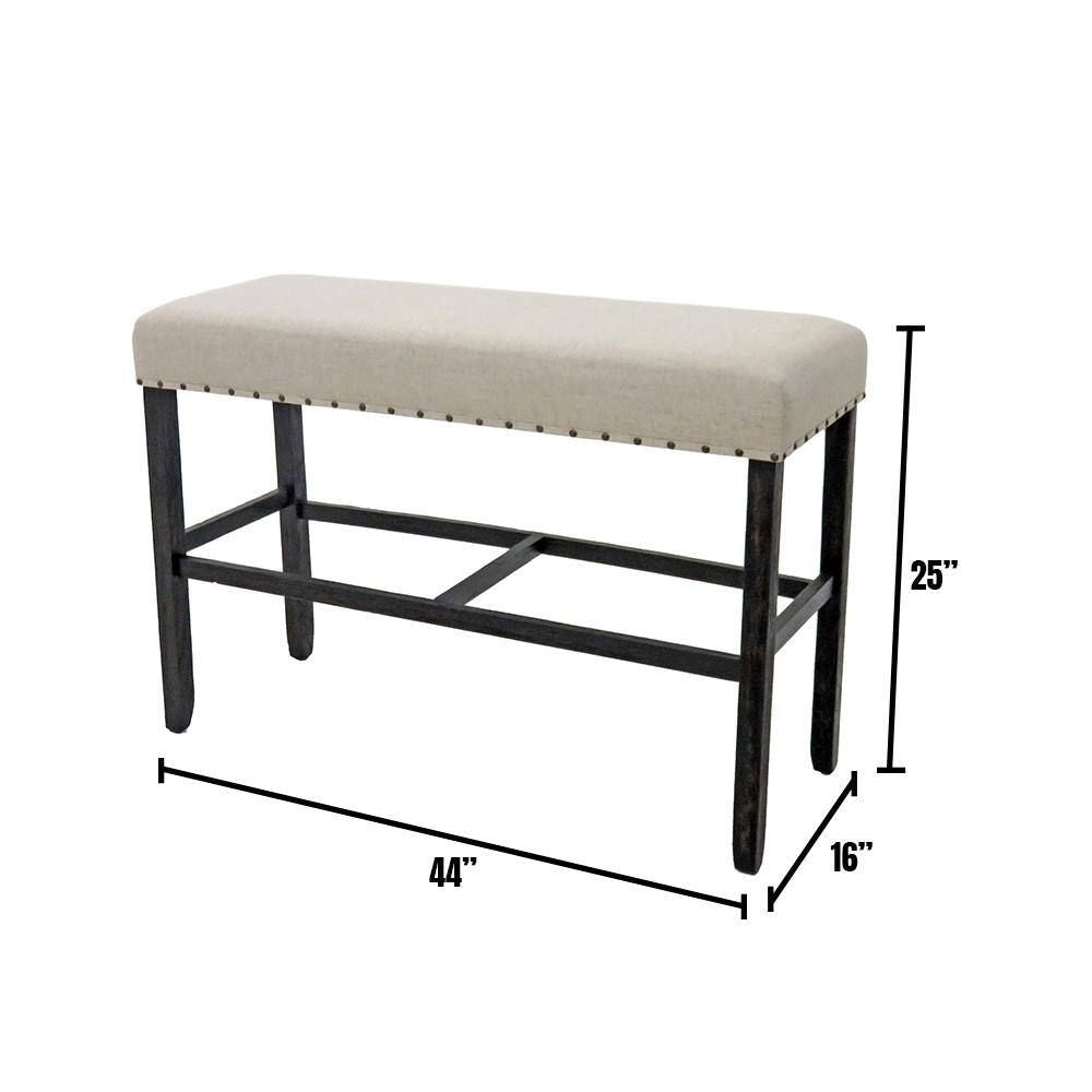 Rustic Charm Beige Linen Like Fabric 1pc Counter Height Bench Dining Room Furniture Nailhead Trim Antique Black Bold Dis image 4