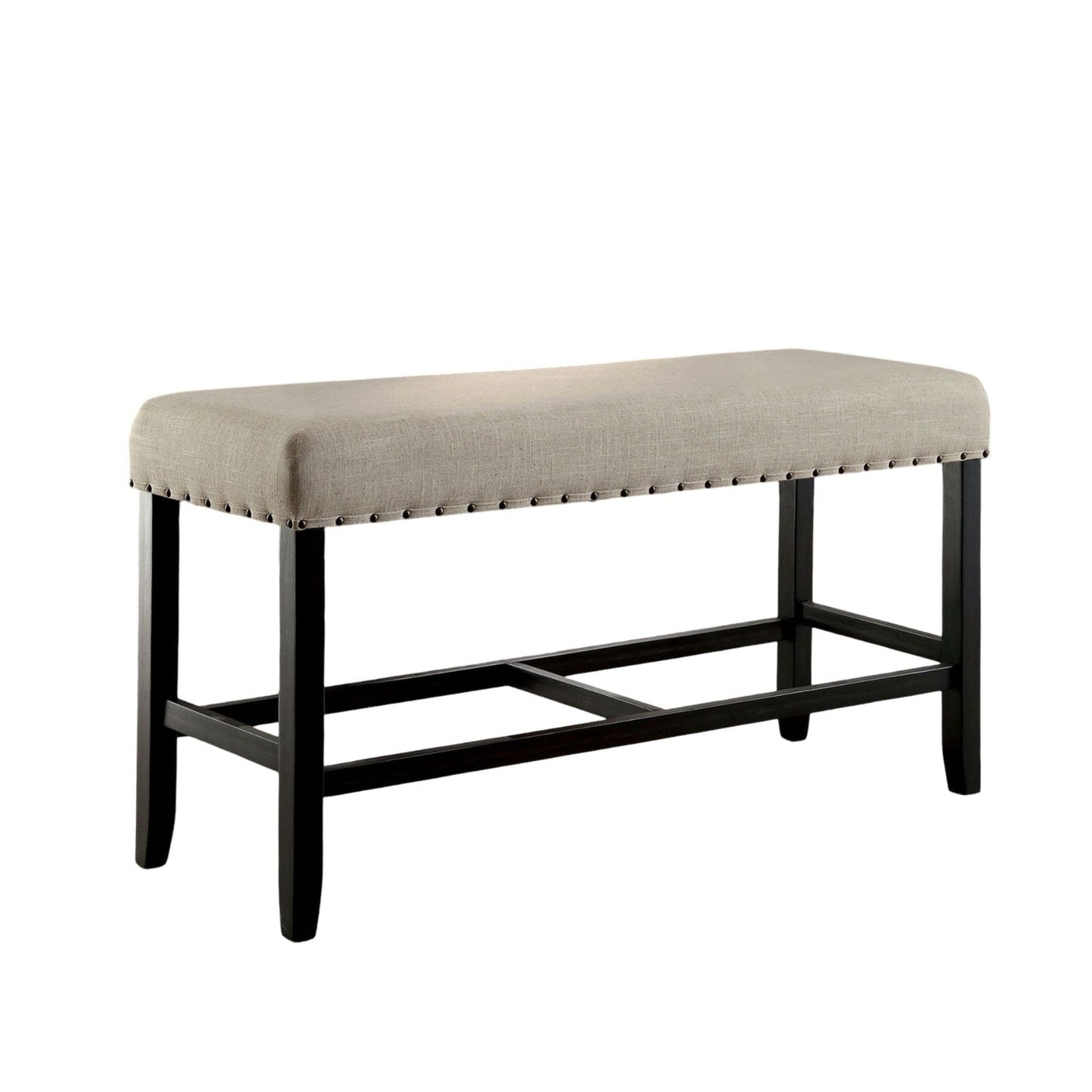 Rustic Charm Beige Linen Like Fabric 1pc Counter Height Bench Dining Room Furniture Nailhead Trim Antique Black Bold Dis image 2