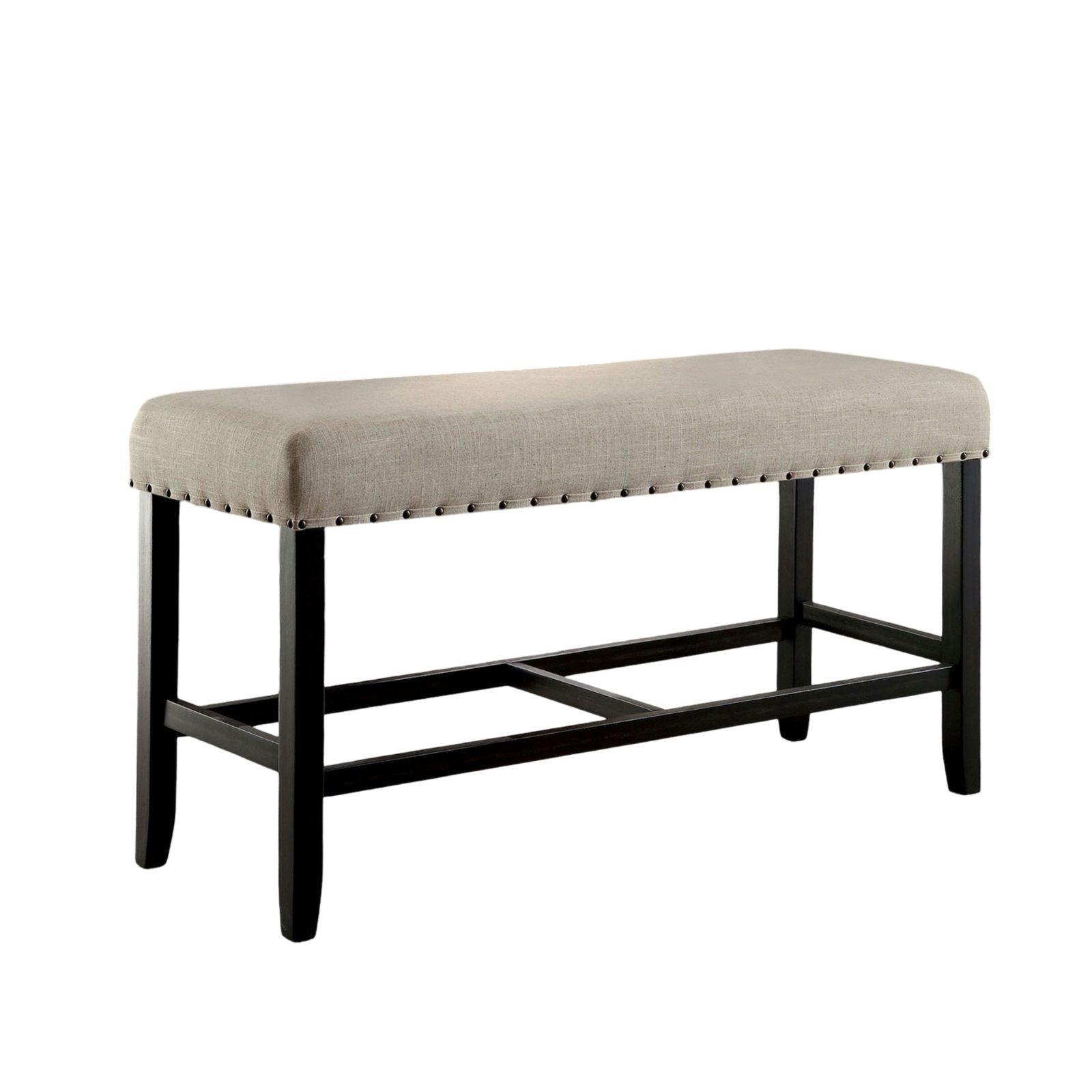 Rustic Charm Beige Linen Like Fabric 1pc Counter Height Bench Dining Room Furniture Nailhead Trim Antique Black Bold Dis image 2