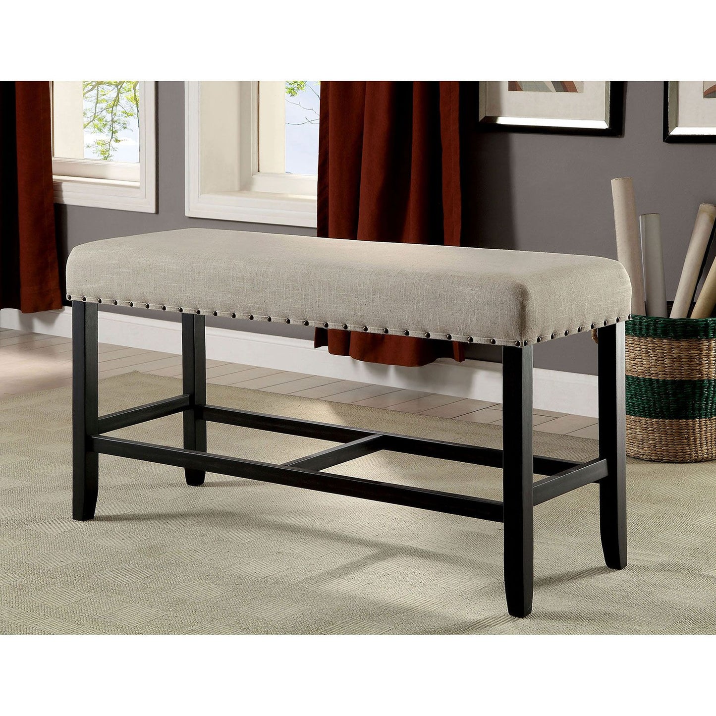 Rustic Charm Beige Linen Like Fabric 1pc Counter Height Bench Dining Room Furniture Nailhead Trim Antique Black Bold Dis image 1