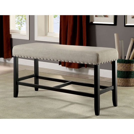 Rustic Charm Beige Linen Like Fabric 1pc Counter Height Bench Dining Room Furniture Nailhead Trim Antique Black Bold Dis image 1