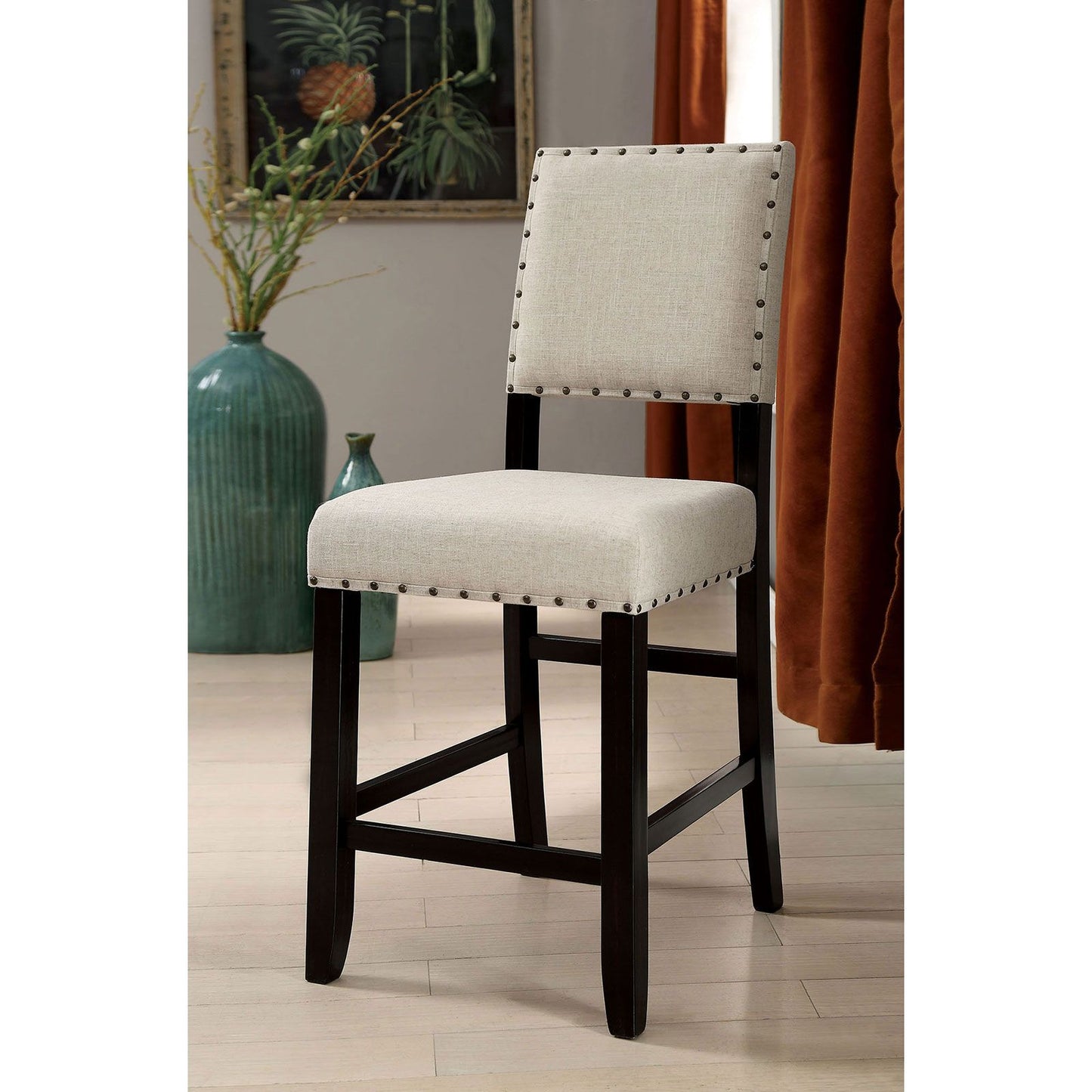 Rustic Charm Beige Linen Like Fabric 2pcs Counter Height Chairs Dining Room Furniture Nailhead Trim Antique Black Bold D image 1