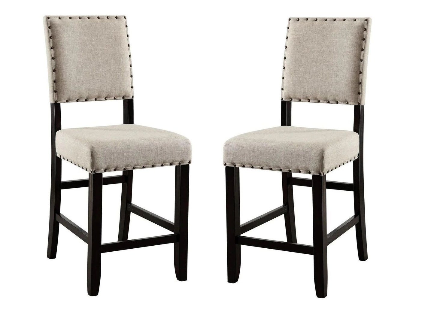 Rustic Charm Beige Linen Like Fabric 2pcs Counter Height Chairs Dining Room Furniture Nailhead Trim Antique Black Bold D image 6